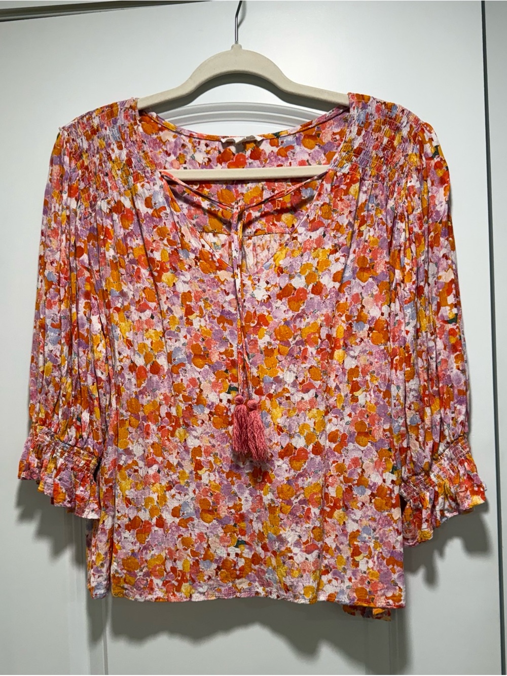 Emerson Rose Tie-Front Floral Blouse in Pink and Orange